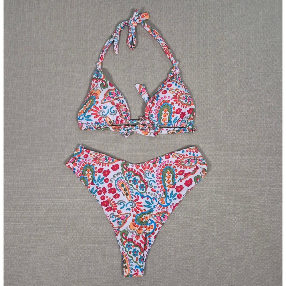 Women Paisley Floral Halter Bikini Set High Cut Two Piece Swimsuit Size XL